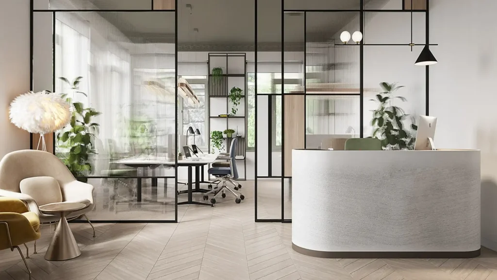 * Image: A modern office interior.
* Key elements:
* Reception desk (curved, white textured).
* W